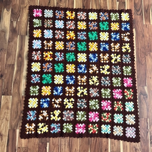 Vintage Granny Square Throw Blanket Knitted Brown Neutral Cozy Pink Blue Green - Picture 3 of 5